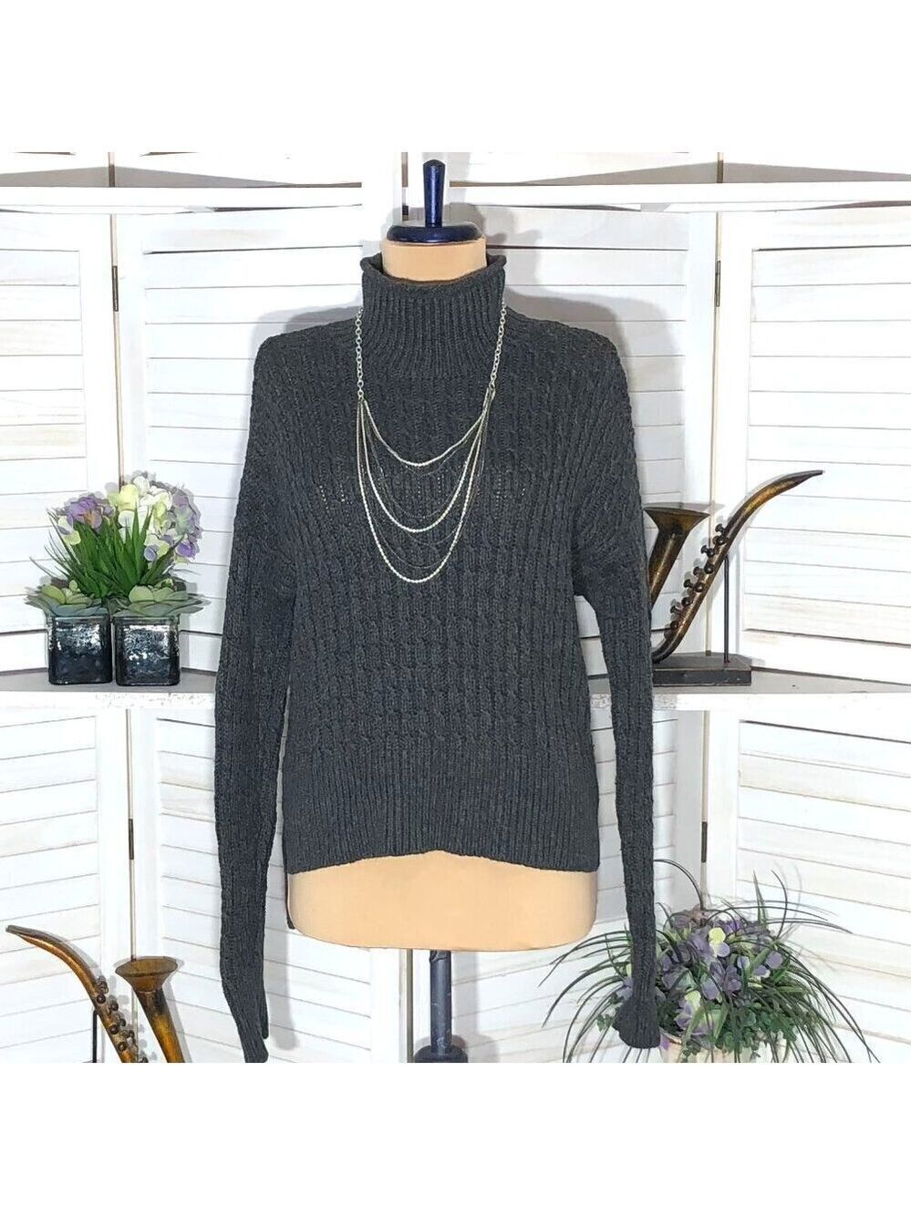 Loft cotton sweater mock neck thick cable knit whimsigoth dark fairy lagenlook M